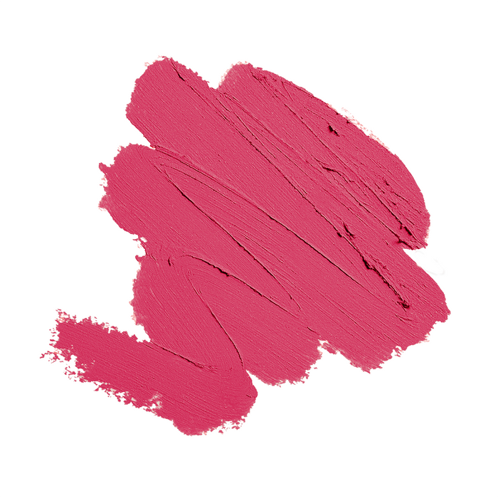 A textured smear of Nikol Beautys Cream Blush Stick in bright pink on a white background highlights its creamy consistency and vibrant color, perfect for mature beauty enthusiasts.