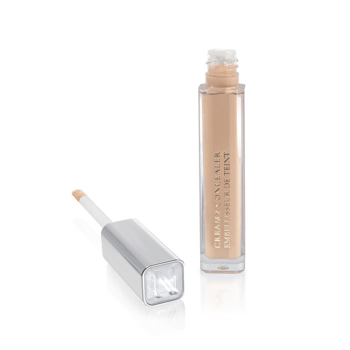 An open Creamy Concealer by Nikol Beauty, featuring a silver cap and doe-foot applicator, is displayed next to its upright container showcasing the high-coverage beige cosmetic product.