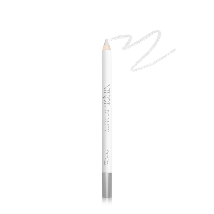 Nikol Beautys Crystal Clear Invisible Water-Proof Lip Liner features a sharpened white pencil with a silver cap and text. A wavy line on the black background enhances the intrigue of this cruelty-free product.