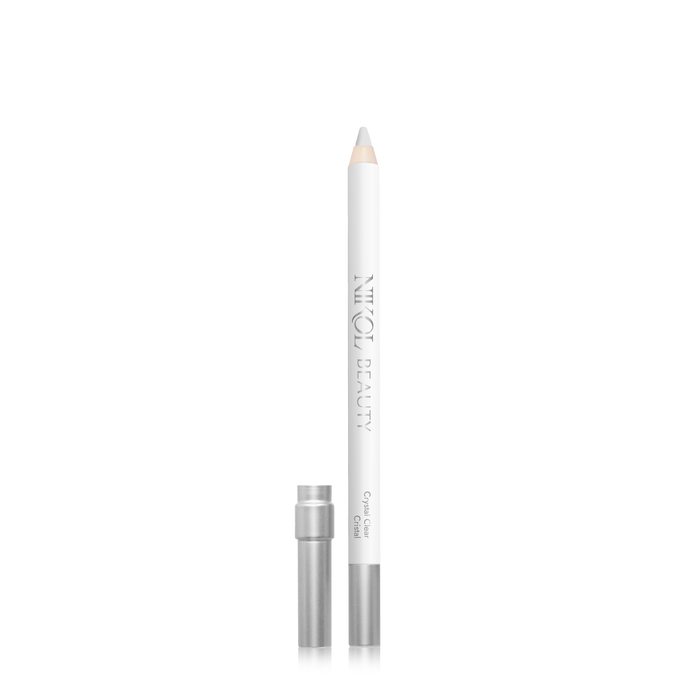 A cruelty-free white cosmetic pencil with a transparent cap off stands upright, showcasing Nikol Beauty and Crystal Clear Invisible Water-Proof Lip Liner in silver print. Perfect as a universal lip liner, it sits against a plain white backdrop.