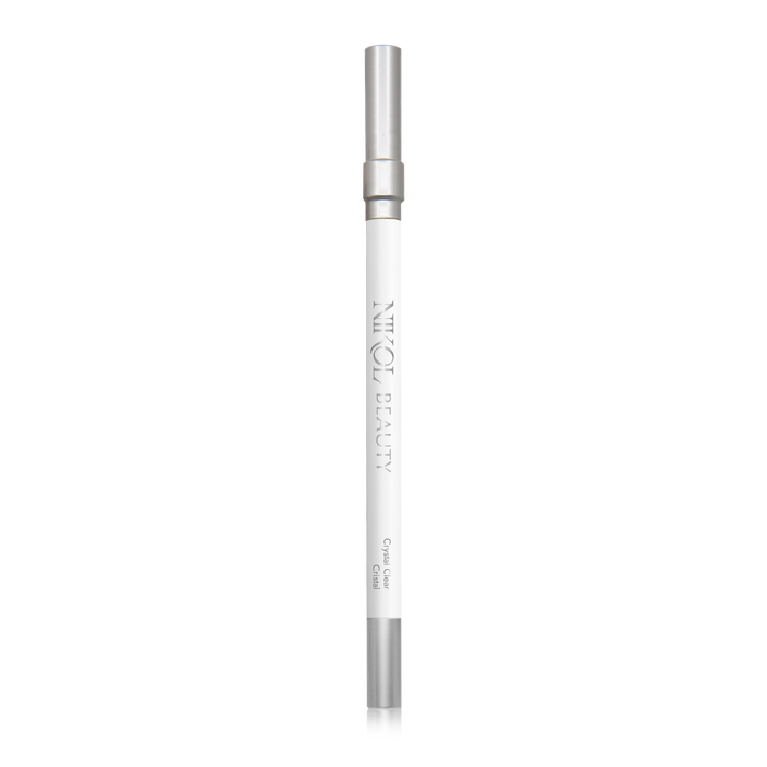 The Crystal Clear Invisible Water-Proof Lip Liner by Nikol Beauty is a minimalist white and silver pencil with AMYO on the side, featuring a cap, and known for its sleek design as a cruelty-free product.