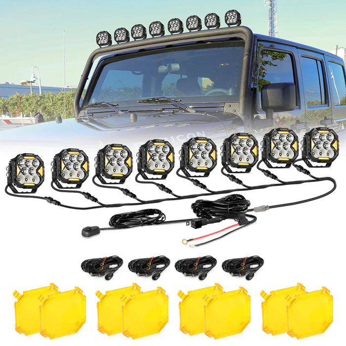 8Pcs Pod Light+8-Pod Power Harness / With Amber Covers