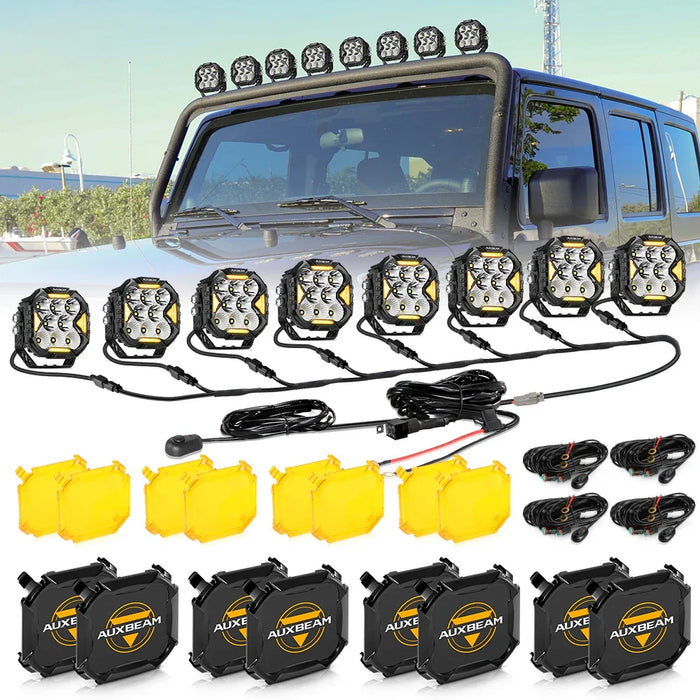 8Pcs Pod Light+8-Pod Power Harness / With Amber Covers + Black Covers