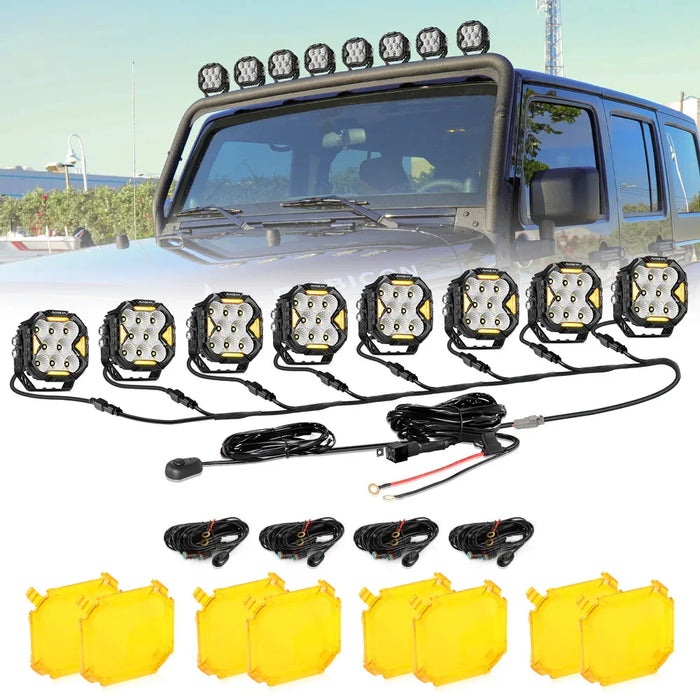 8Pcs Pod Light+8-Pod Power Harness / With Amber Covers