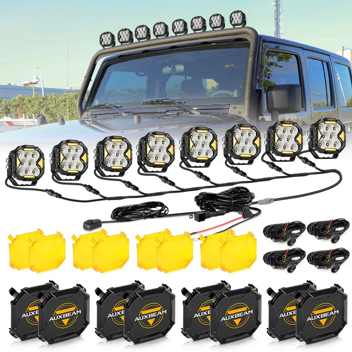 8Pcs Pod Light+8-Pod Power Harness / With Amber Covers + Black Covers