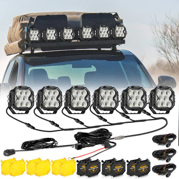 Flood / 6Pcs Pod Light+6-Pod Power Harness / With Amber Covers + Black Covers