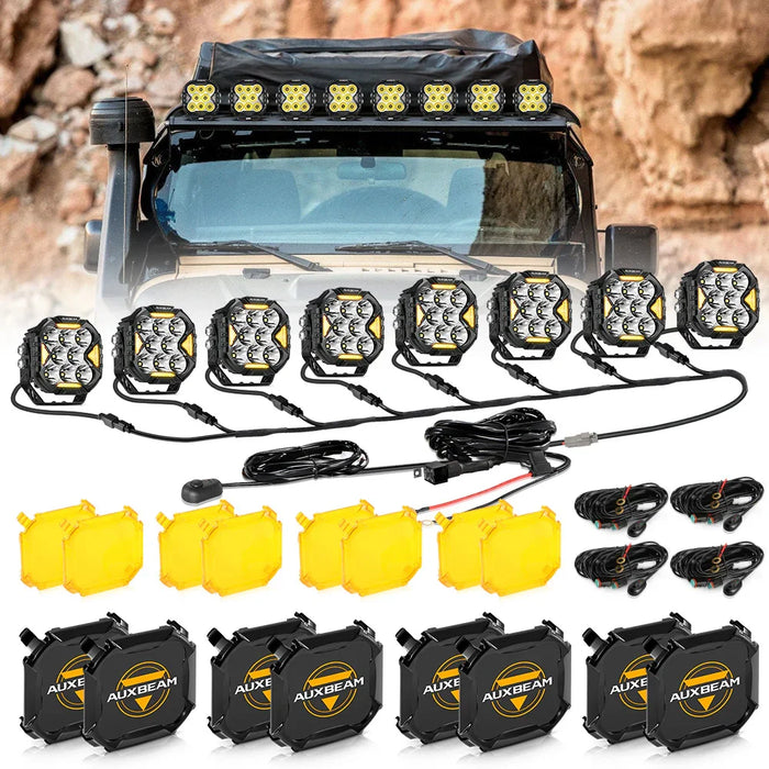 8Pcs Pod Light+8-Pod Power Harness / With Amber Covers + Black Covers