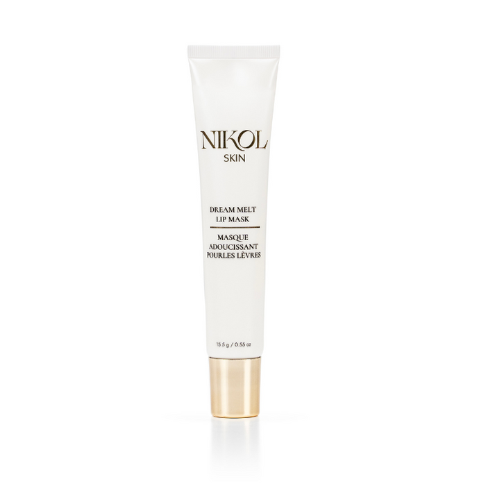 A white tube of Nikol Beauty Dream Melt Lip Mask with gold accents and text stands upright on a plain white background, providing deep hydration for lips.
