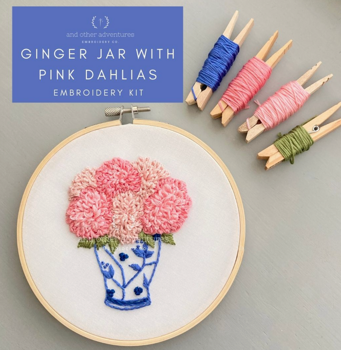 Embroidery Kit - Ginger Jar Pink Dahlias
