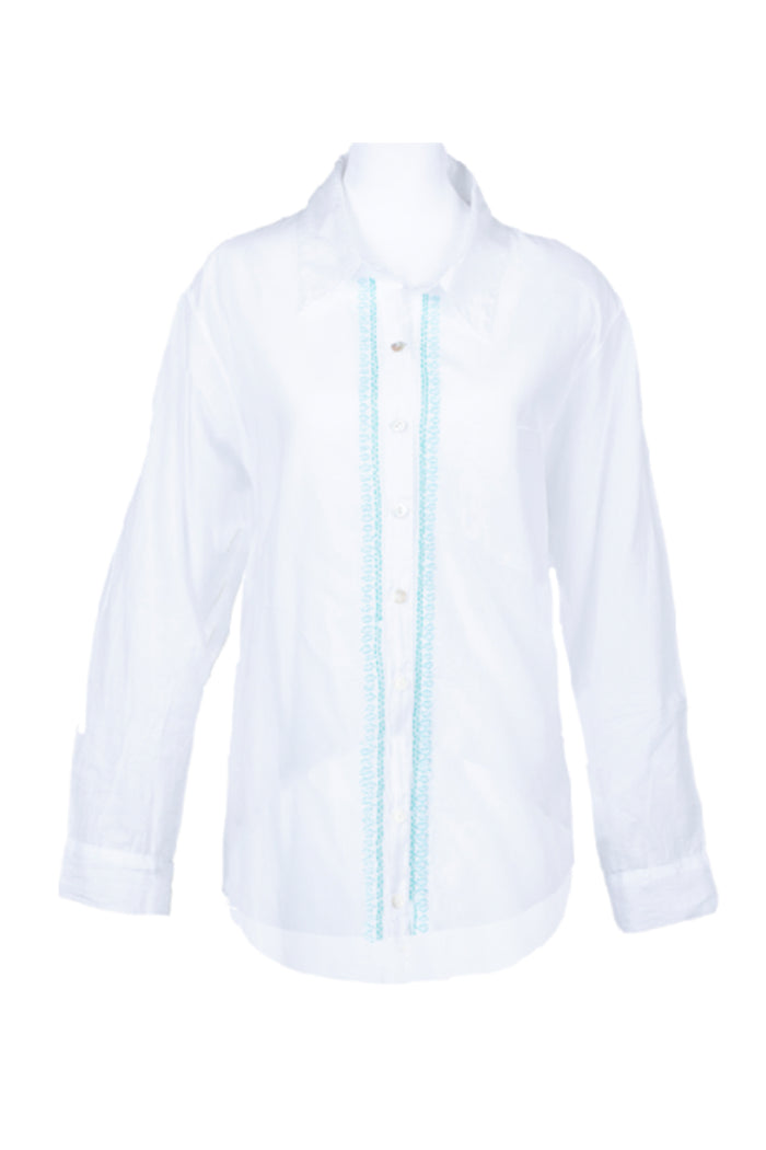 Everyday Boyfriend Shirt - White with Green/Blue Embroidery