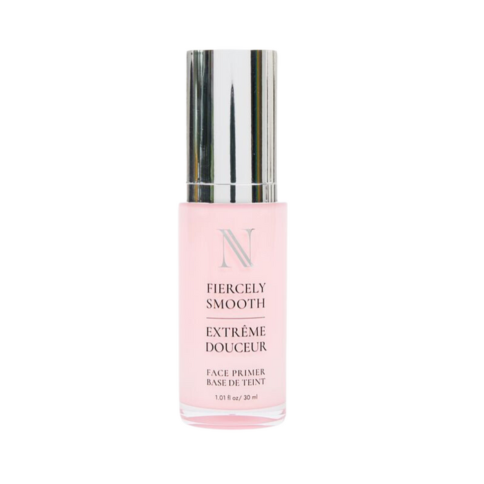 The pink Fiercely Smooth Face Primer by Nikol Beauty features a shiny silver cap and offers a silicon-free formula with English and French text. It promises smoother makeup application, making it an essential addition to your beauty routine.