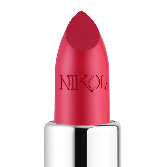A close-up of the Fleur Shiny Velvet Cream Lipstick #34 by Nikol Beauty. The vegan formula lipstick has a smooth, pointed tip with NIKOL embossed on it and a shiny silver base, set against a plain white background.
