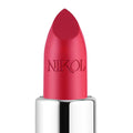 A close-up of the Fleur Shiny Velvet Cream Lipstick #34 by Nikol Beauty. The vegan formula lipstick has a smooth, pointed tip with NIKOL embossed on it and a shiny silver base, set against a plain white background.
