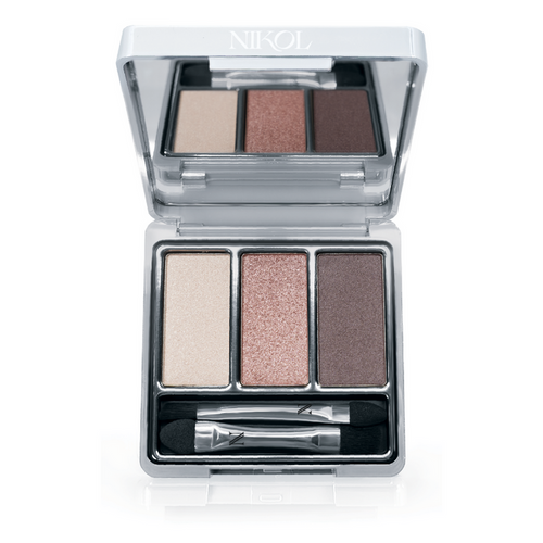 Open the Fresh Beauty 3-Well Eyeshadow Palette by Nikol Beauty, showcasing three shades: light beige, shimmering copper, and dark brown. It features a dual-ended applicator for easy use and a vegan formula with long-lasting colors.