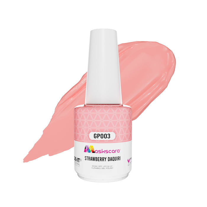 <img scr = “ GP003 Strawberry Daquiri.jpeg” alt = “Light pink gel polish colour by the brand Maskscara”>