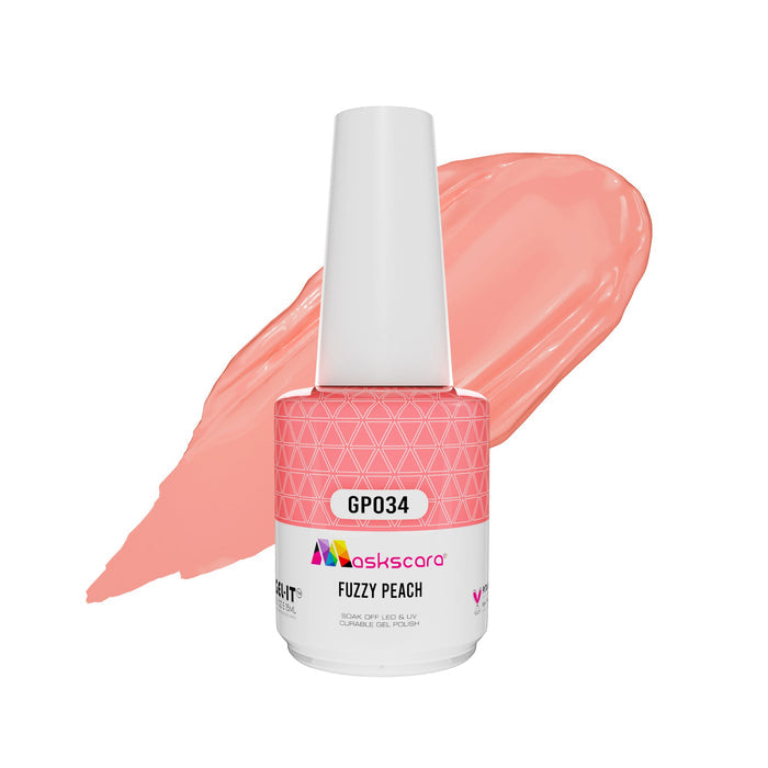 <img scr = “ GP034 Fuzzy Peach.jpeg” alt = “Peach gel polish colour by the brand Maskscara”>