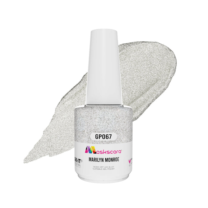 <img scr = “ GP067 Marilyn Monroe.jpeg” alt = “Metallic Silver gel polish colour by the brand Maskscara”>