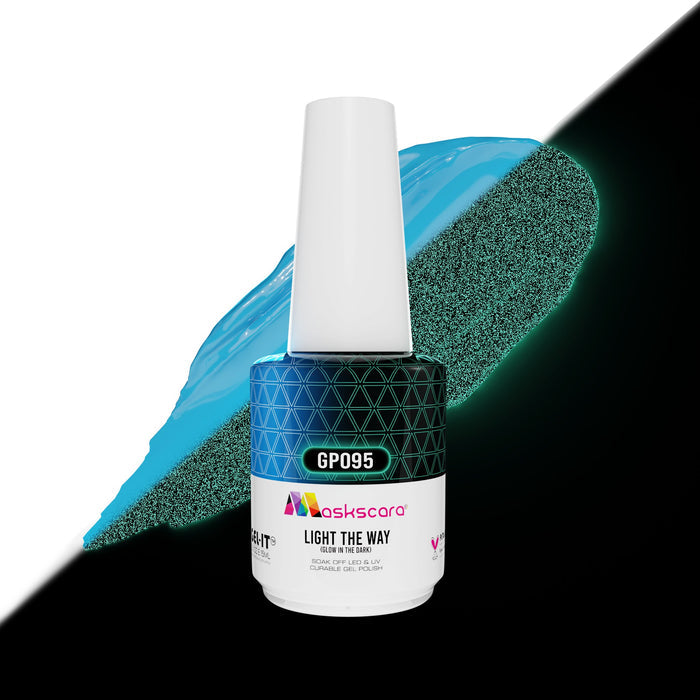 <img scr = “ GP095 Light The Way.jpeg” alt = “Glow In The Dark Blue gel polish colour by the brand Maskscara”>