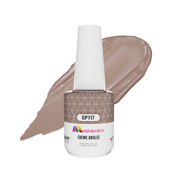 <img scr = “ GP117 Creme Bruelee.jpeg” alt = “Nude gel polish colour by the brand Maskscara”>