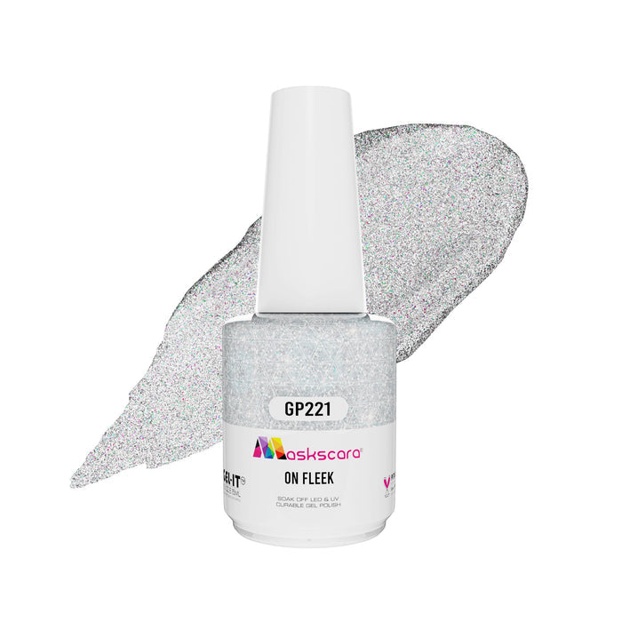 <img scr = “ GP221 On Fleek.jpeg” alt = “Diamond Sliver Glitter gel polish colour by the brand Maskscara”>