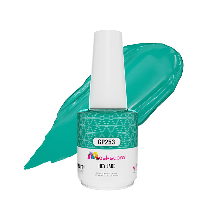 <img scr = “ GP253 Hey Jade.jpeg” alt = “Jade gel polish colour by the brand Maskscara”>