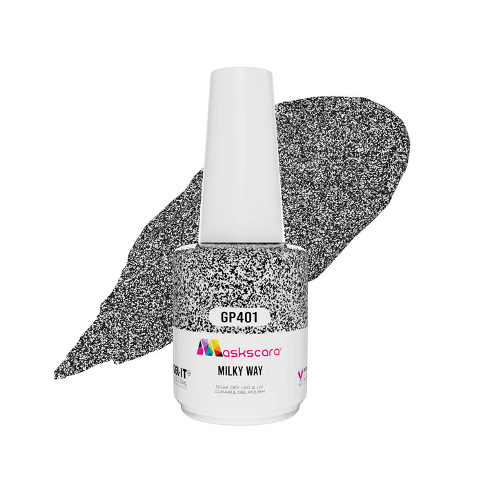 <img scr = “ GP401 Milky Way.jpeg” alt = “Black And White Speckled gel polish colour by the brand Maskscara”>