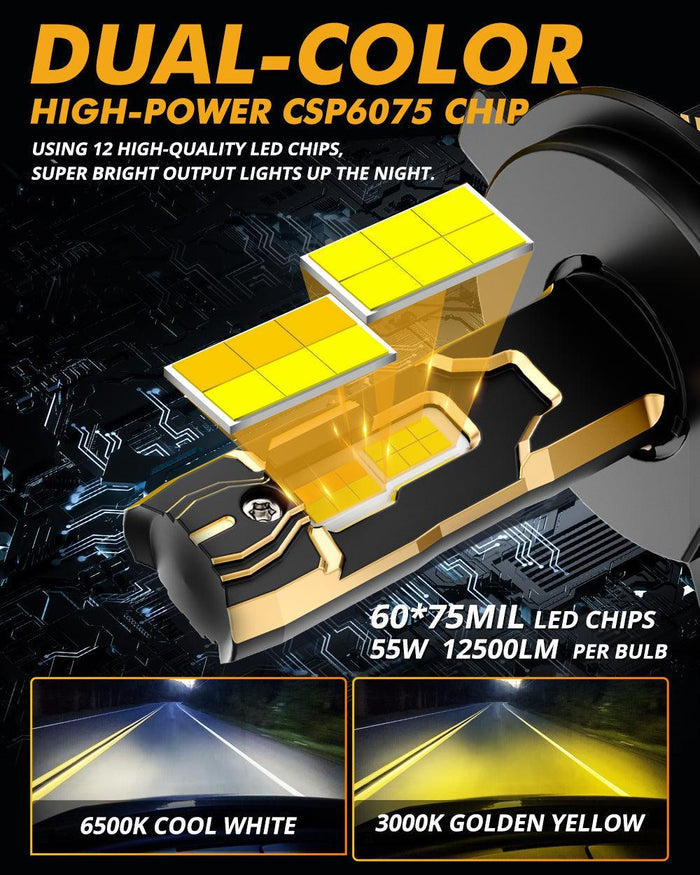 H4 LED Headlight Bulbs 110W 25000LM GX Bi-Color Series High Power & Brightness Dual Color Switchback | 2 Bulbs