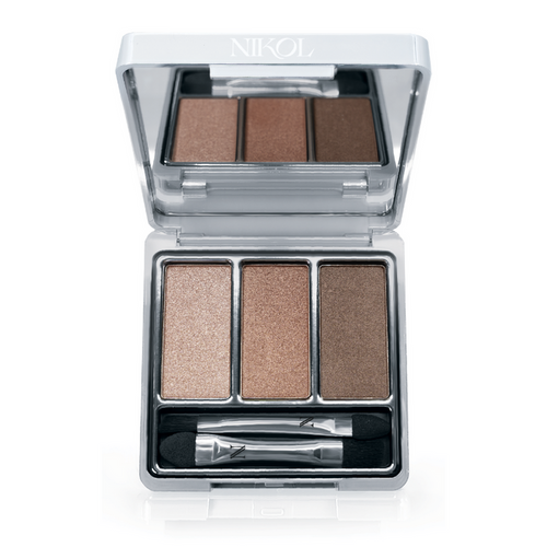 Nikol Beautys Le Bottled Blonde 3-Well Eyeshadow Palette features an open silver compact with three brown shades in a clean beauty design. This vegan product includes a small double-ended applicator brush beneath the eyeshadows.