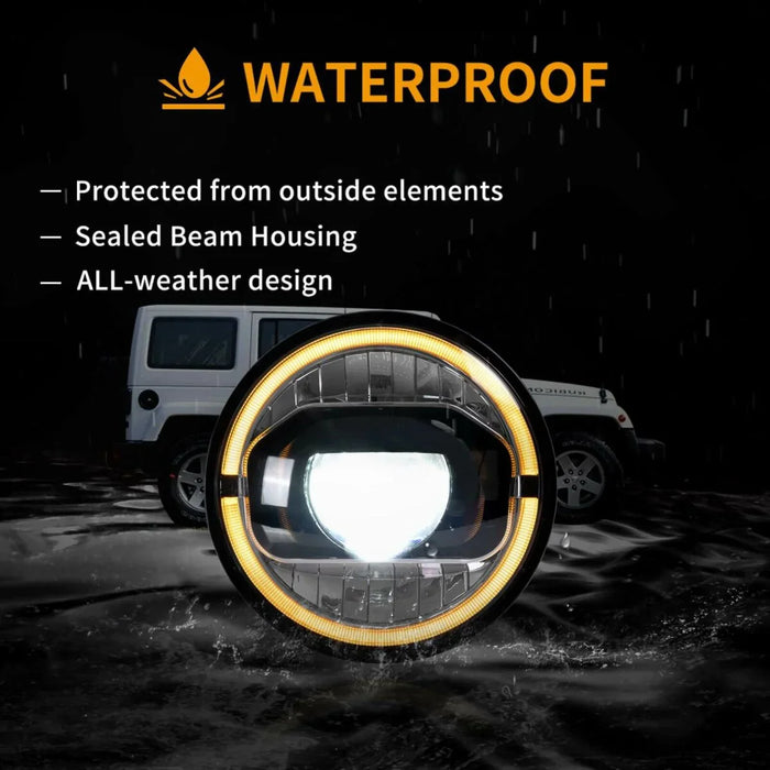 LED Headlight Assembly With Amber Turn Signal For 2007-2017 Jeep Wrangler JK 7 Inches LED Dual Beam Projector