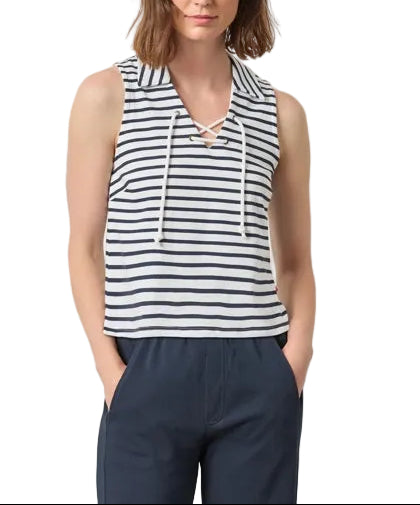 Lilla P Sleeveless Collared Top - Navy Stripe