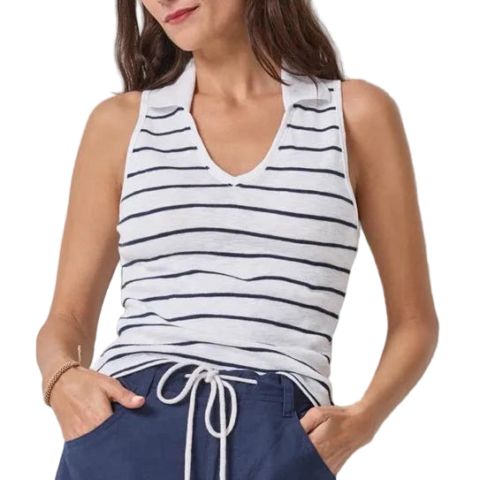 Lilla P Striped Sleeveless Collared Top - Navy Stripe