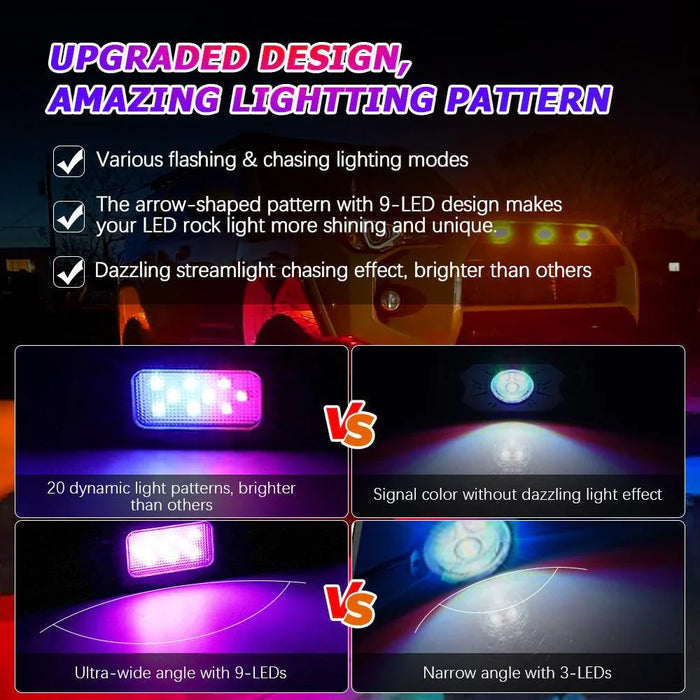 Magic Dream Color RGB LED Rock Lights Kit with Bluetooth APP Control, Multicolor Chasing Neon Underglow Lights for ATV UTV