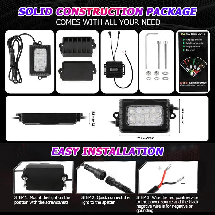 Magic Dream Color RGB LED Rock Lights Kit with Bluetooth APP Control, Multicolor Chasing Neon Underglow Lights for ATV UTV