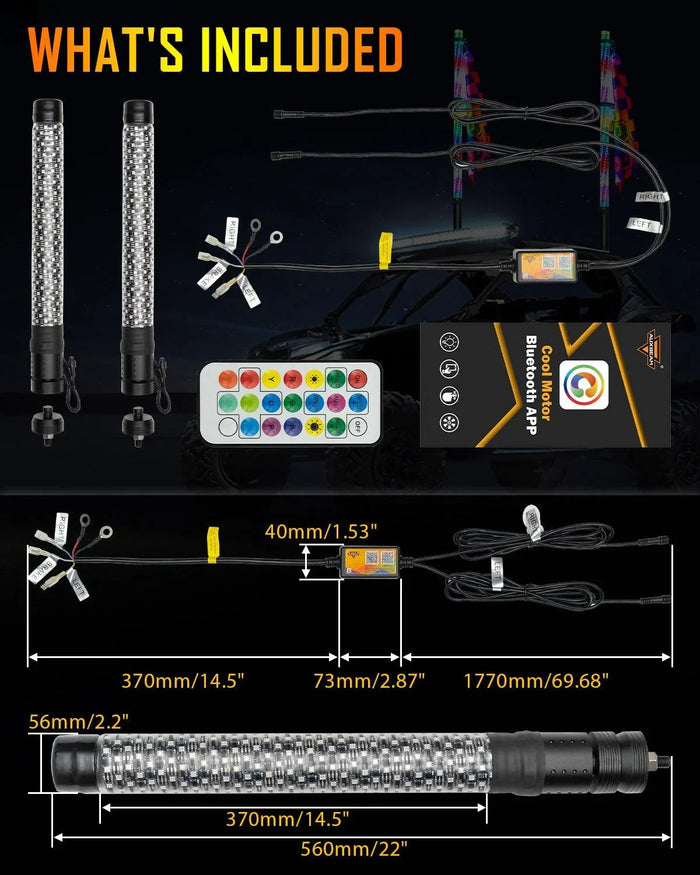 New 1.9FT LED RGB Whip Lights with Turn Signal & Brake Light, Bluetooth APP/ Remote Control