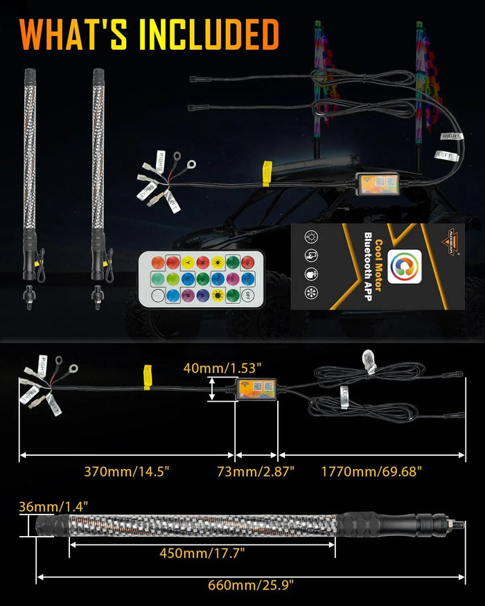 New 2.2FT LED RGB Whip Lights with Turn Signal & Brake Light, Bluetooth APP/ Remote Control