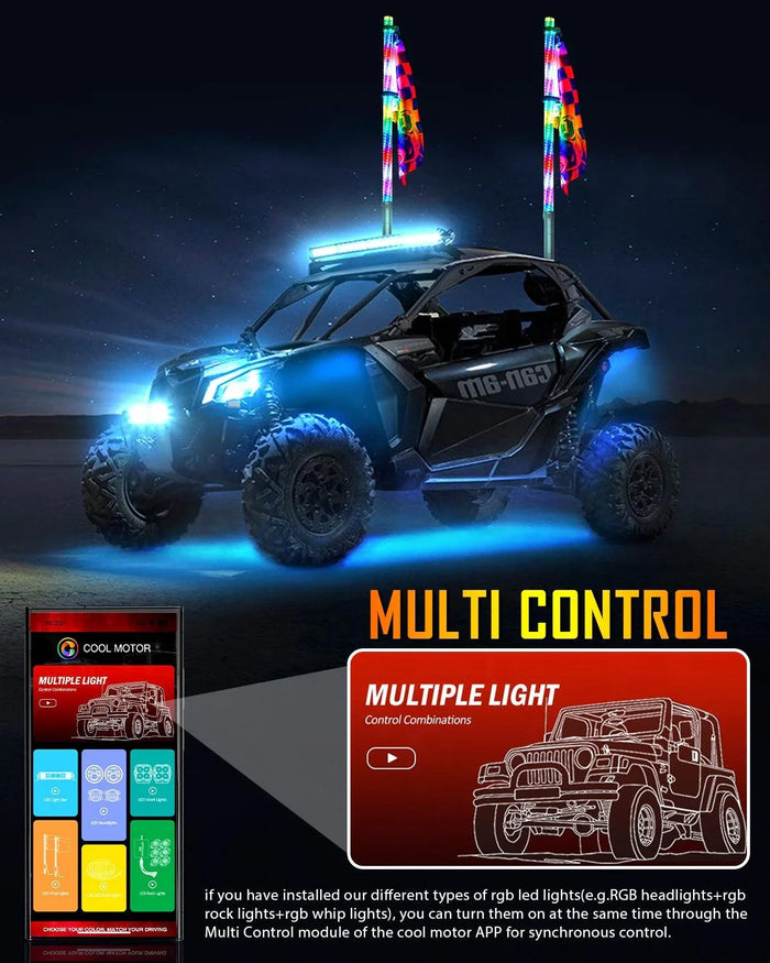 New 2.8FT LED RGB Whip Lights with Turn Signal & Brake Light, Bluetooth APP/ Remote Control