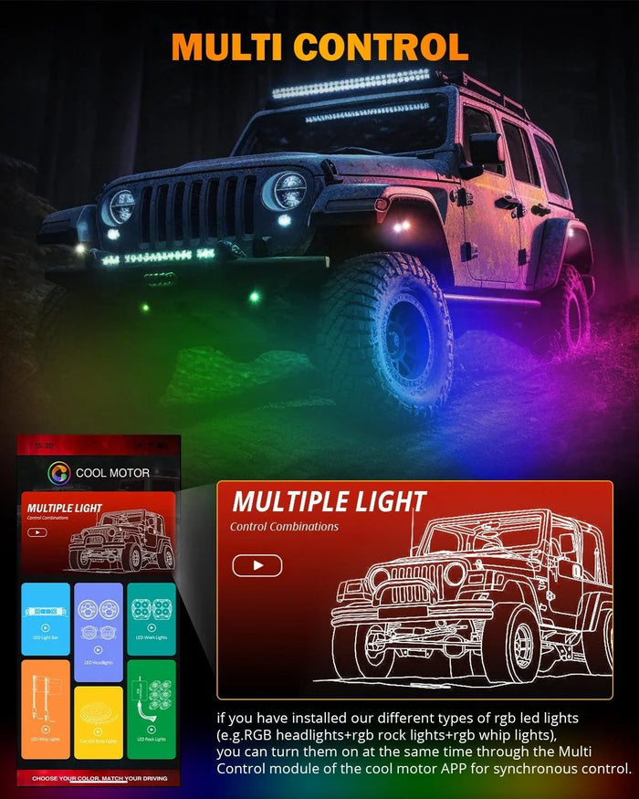 NEW Vibrant Series | 8PCS RGB LED Rock Lights Kit Multicolor Neon Underglow Lights with Bluetooth APP & Remote Control
