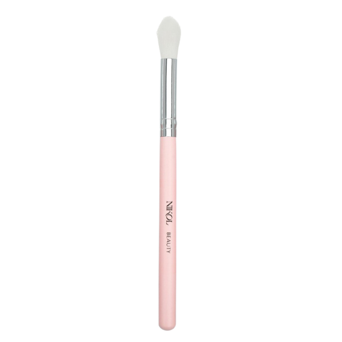 The Nikol Beauty Eyeshadow Blending Brush is a 100% vegan brush with soft white bristles, a light pink handle labeled Nikol Beauty, and a silver ferrule, elegantly isolated on a plain white background.