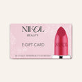The Nikol Beauty Gift Card by Nikol Beauty features a large lipstick graphic and floral accents on a pink background with E-GIFT CARD and LETS GET THIS BEAUTY STARTED—a perfect gift for any beauty lover.