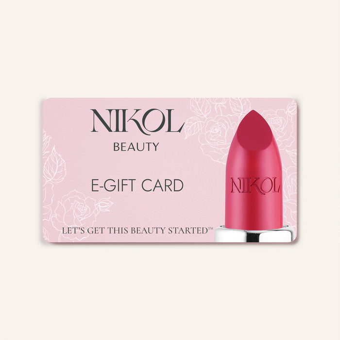 The Nikol Beauty Gift Card by Nikol Beauty features a large lipstick graphic and floral accents on a pink background with E-GIFT CARD and LETS GET THIS BEAUTY STARTED—a perfect gift for any beauty lover.
