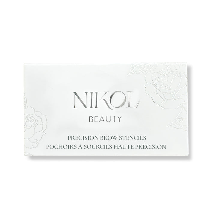 A white rectangular box featuring Nikol Beauty and subtle floral designs displays their Precision Eyebrow Stencils, ideal for Permanent Makeup Artists. Text in English and French complements the elegant branding of Nikol Beautys brow products.