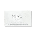 A white rectangular box featuring Nikol Beauty and subtle floral designs displays their Precision Eyebrow Stencils, ideal for Permanent Makeup Artists. Text in English and French complements the elegant branding of Nikol Beautys brow products.