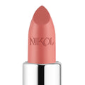 A close-up of NikRay Shiny Velvet Cream Lipstick #701 by Nikol Beauty features a light pink hue ideal for mature lips. Its hydrating formula with cruelty-free elegance is embossed on the tube, housed in shiny silver metallic casing against a plain white background.