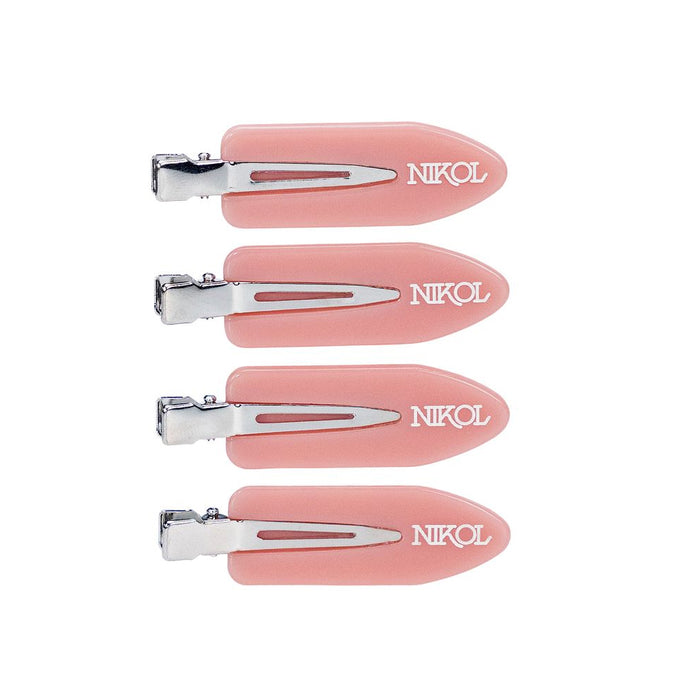 Four pink No-Crease Hair Clips by Nikol Beauty with metal hinges, arranged vertically on a white background—perfect for enhancing your beauty routine.