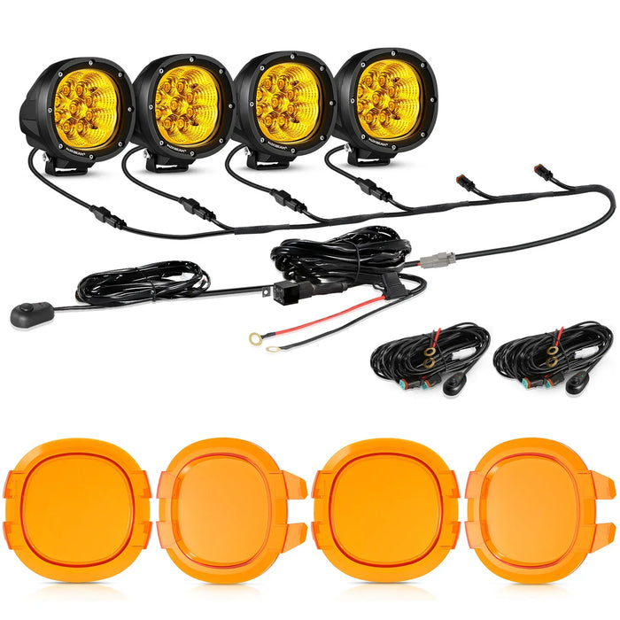 4Pcs Pod Lights+Additional 6-Pod Power Harness / Dark Amber Covers