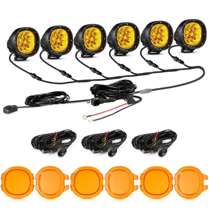 6Pcs Pod Lights+Additional 6-Pod Power Harness / Dark Amber Covers