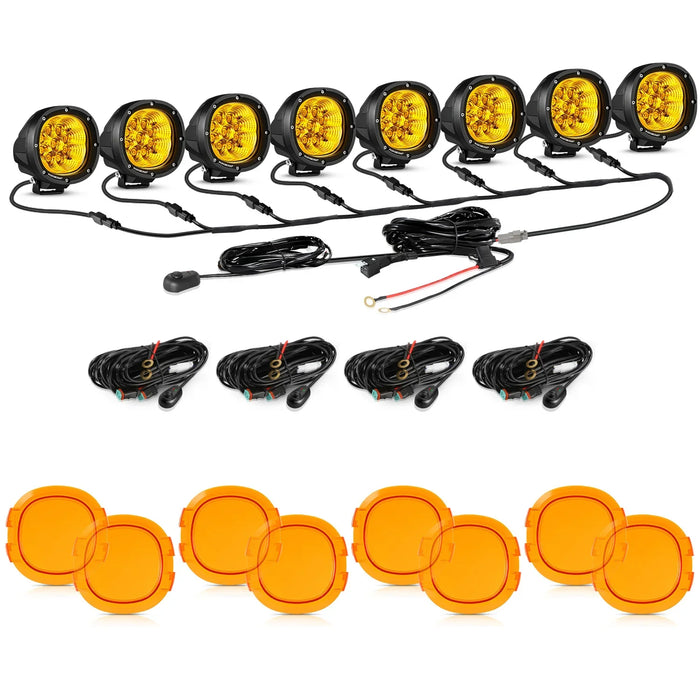 8Pcs Pod Lights+Additional 8-Pod Power Harness / Dark Amber Covers