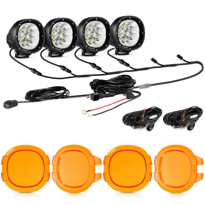 4Pcs Pod Lights+Additional 6-Pod Power Harness / Dark Amber Covers