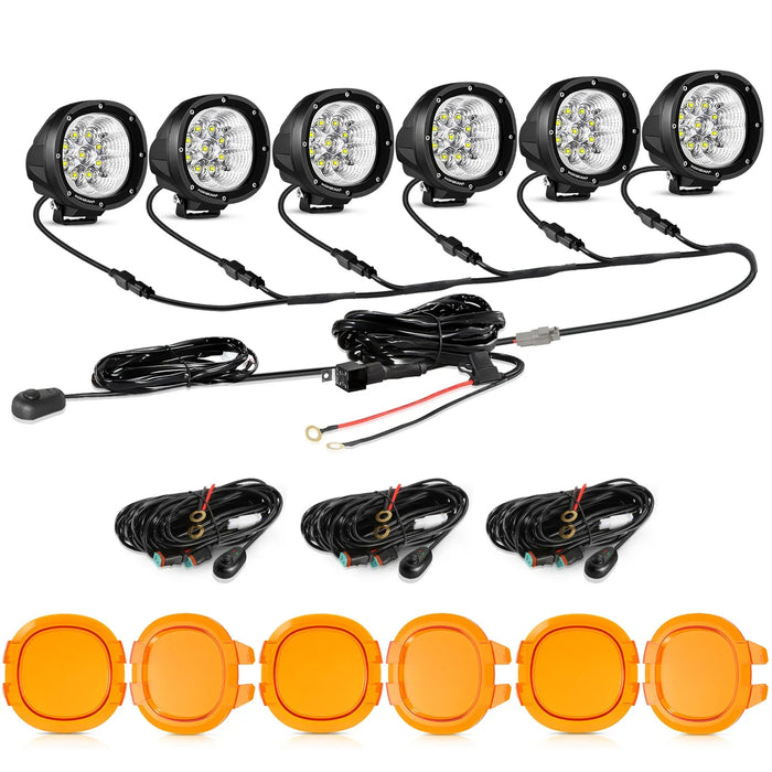 6Pcs Pod Lights+Additional 6-Pod Power Harness / Dark Amber Covers