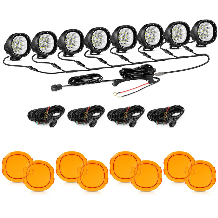 8Pcs Pod Lights+Additional 8-Pod Power Harness / Dark Amber Covers